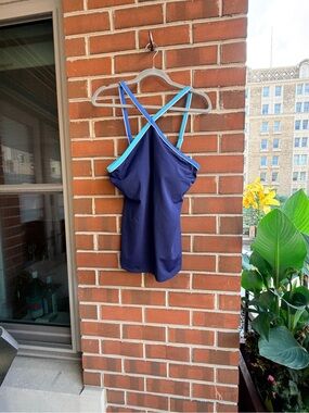 Lands' End Navy Tankini Top with Light Blue Trim